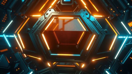 Fototapeta premium Futuristic tunnel, hexagonal structure, bright orange, cyan lights. Dark background creates dramatic visual effect. Complex geometry.