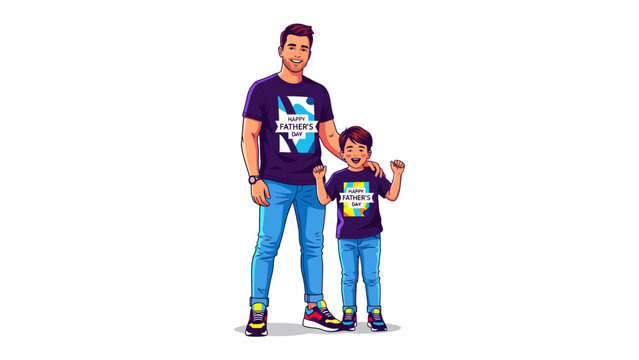 Father and Son Duo: A heartwarming illustration of a father and son, both wearing matching purple t-shirts and blue jeans, standing together with smiles and a sense of camaraderie.