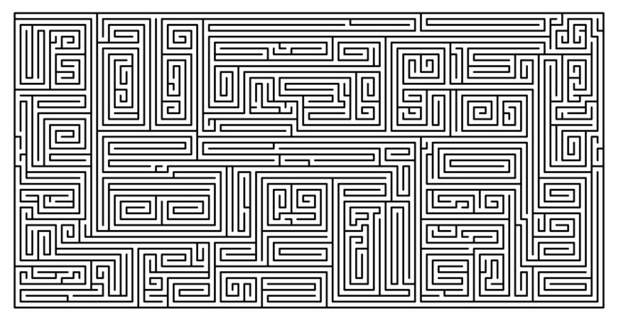 Black and white maze illustration featuring intricate pathways and dead ends, designed as a challenging puzzle for kids and educational activities in games