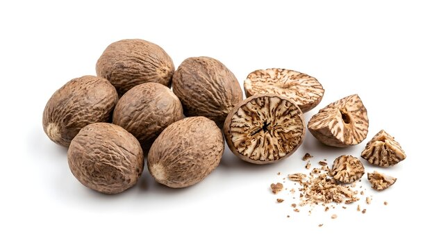 Whole and Cracked Nutmeg Seeds Isolated on White Background