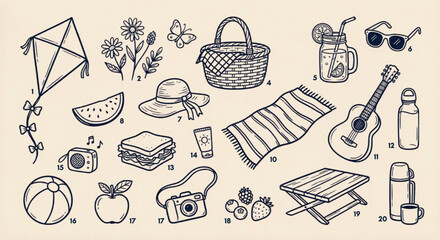 Hand drawn summer picnic icons set, 20 outdoor leisure vector elements, vintage line art doodles for vacation planning and garden party graphics © Muhammad