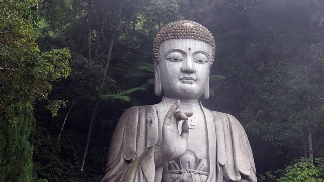 Misty Buddha Statue in Tropical Rainforest. Large Buddha sculpture surrounded by tropical jungle and soft foggy atmosphere. Calm spiritual scene with mist, rainforest greenery and meditative mood.