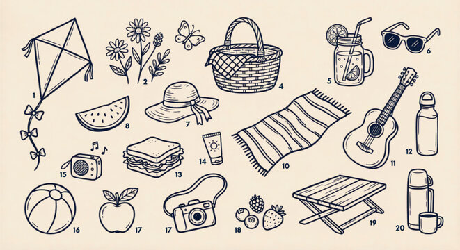 Hand drawn summer picnic icons set, 20 outdoor leisure vector elements, vintage line art doodles for vacation planning and garden party graphics