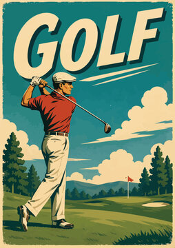 084-42-Retro golfer playing on green course with flag against blue sky and clouds