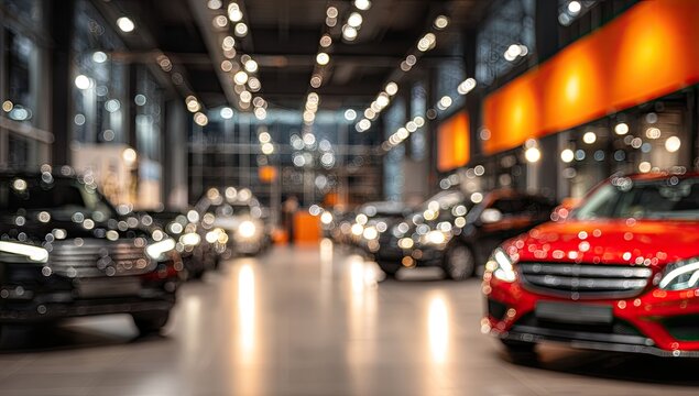 Modern Car Dealership Showroom with Rows of New Vehicles.