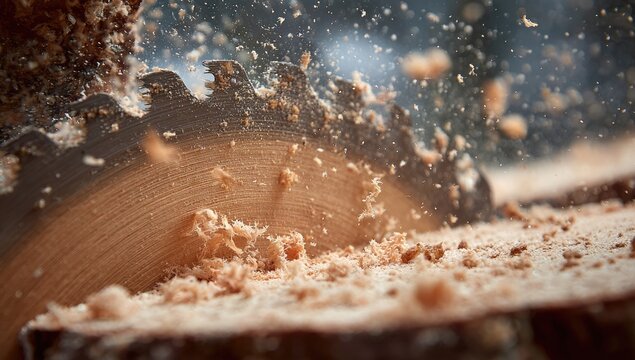 Close-up of circular saw blade teeth cutting through wood, dust flying