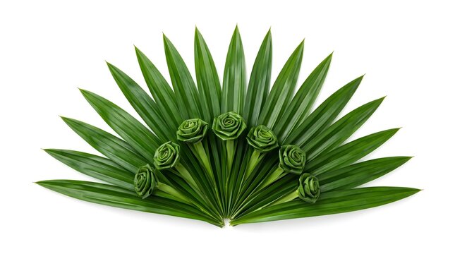 Fresh Green Pandan Leaves Arranged in a Fan with Elegantly Folded Pandan Roses, Isolated on White Background