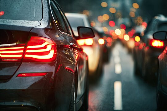 Red taillights glow in a congested, wet roadway with bokeh lights in background
