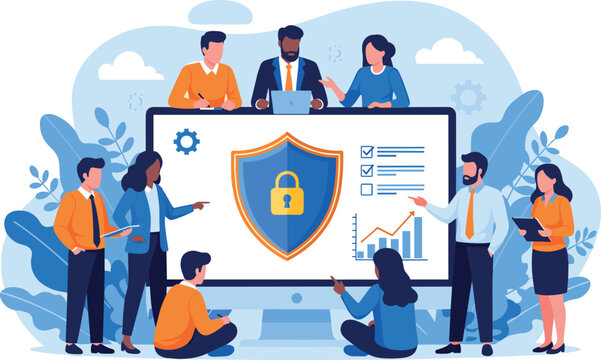 Illustration of Business team discussing cybersecurity and data protection around a large computer screen.
