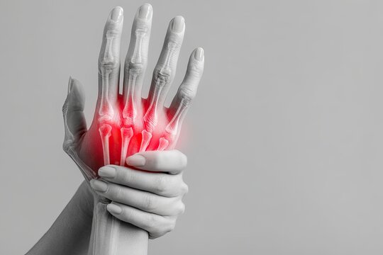 Close-up of a hand with highlighted bones showing pain in the wrist joint.
