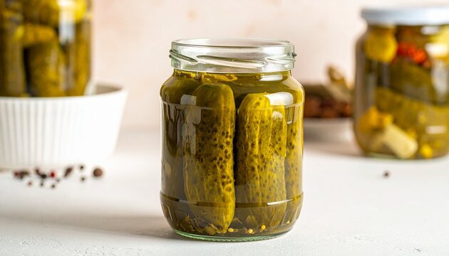  Glass jar of pickles preserved in brine