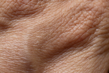 Fototapeta premium Macro Texture of Human Skin with Wrinkles and Creases,An extreme close-up macro shot revealing the detailed texture, lines, wrinkles, and natural patterns of mature human skin.