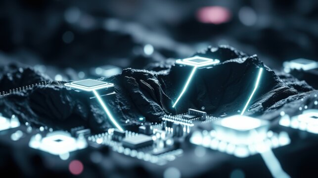 Futuristic landscape. Circuitry forms mountains, glowing lines connect structures. Dark background emphasizes bright technology details.