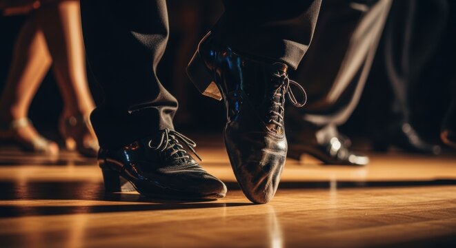 Man dancer performing ballroom dance on wooden floor. Close up of feet in elegant leather shoe. Professional dancer practicing dance step. Art of dance and hobby activity concept.