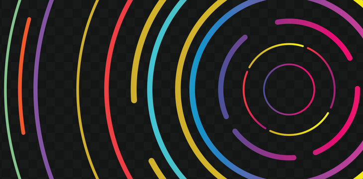 Vibrant multicolored concentric circles on black background with checkered pattern