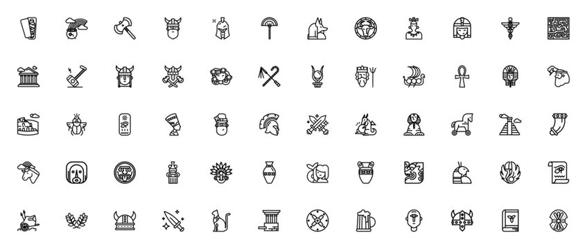Mythology icon set. Ancient gods & legendary creatures vector pack. Includes symbols for Anubis, Zeus, Medusa, Viking, Sphinx, Dragon, Mermaid, Phoenix, and more. Editable vector collection.
