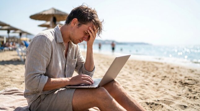 Stressed young man sitting on a beach using a laptop and holding his head during a summer vacation.
