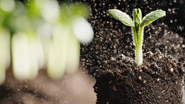 Green sprout emerging from dark soil. Botanical growth cycle of seedling in outdoor dirt. Agricultural development of plant life for environmental biology study