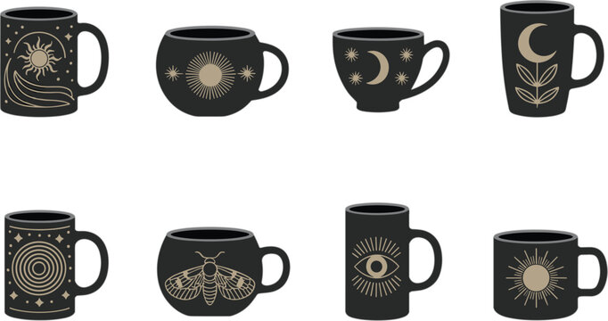 Boho ceramic mug collection with celestial moon sun patterns vector illustration isolated cozy drinkware design artwork