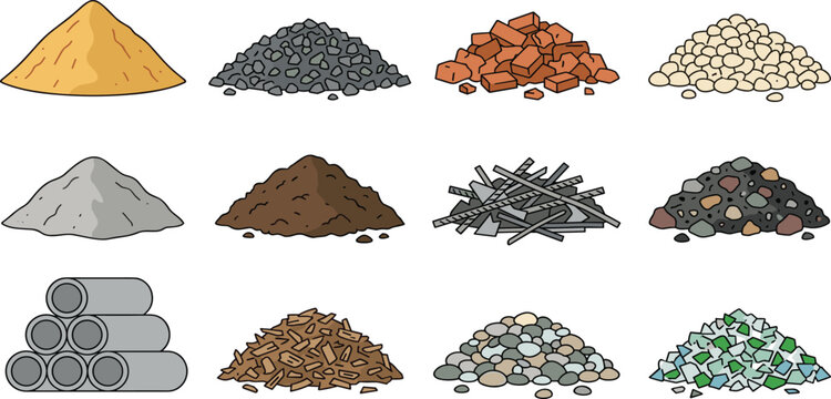 Bulk Construction Materials Piles Vector Set Featuring Sand Gravel Crushed Bricks Cement Soil Scrap Metal Wood Chips and Concrete Pipes for Industrial Designs
