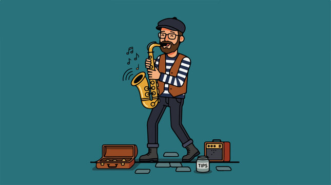 Bearded musician playing saxophone as a street performer illustration.