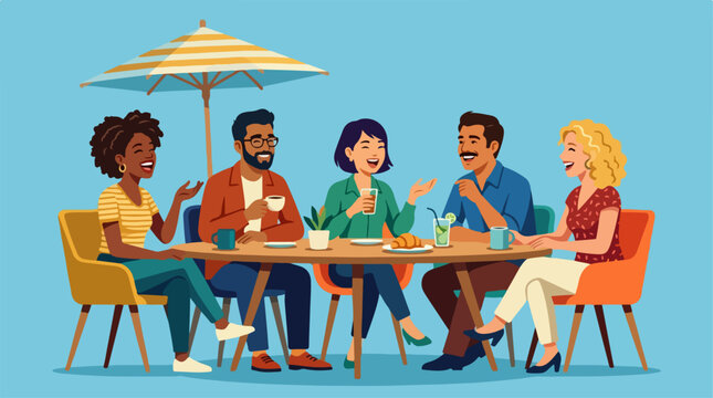 Diverse group of friends having fun and drinking coffee at an outdoor cafe table.