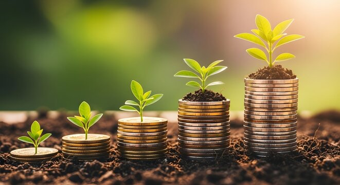 Wealth accumulation and long term financial stability. Asset management and economic prosperity. Row of coin stacks growing in size with green plants in rich dark soil