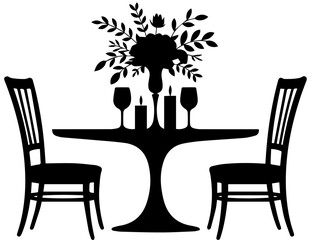 Fototapeta premium Black Silhouette of a Romantic Dinner Table for Two with Chairs Flowers and Candles