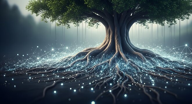 Digital network connectivity and neural tree roots. Artificial intelligence and biological technology. Large tree with glowing blue light fibers connecting roots on the dark ground.