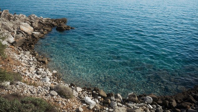 Summer vacation view of a Greek island coast with turquoise sea, beach, rocks, blue sky and gentle waves