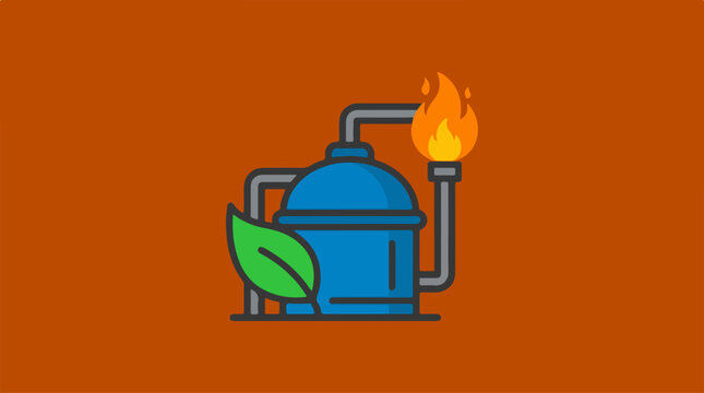 Green energy icon featuring an industrial refinery tank with a flame and leaf.