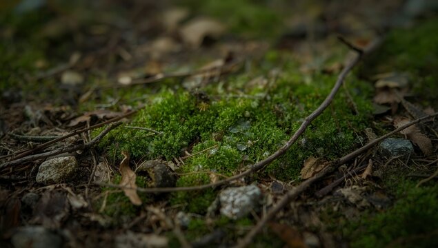 Primavera en un bosque con &aacute;rboles, hojas, c&eacute;sped y musgo, flores y una rana en zona acu&aacute;tica de huerta con suelo h&uacute;medo y ciclos naturales