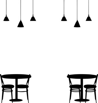 Black silhouette of cafe furniture including round tables chairs and pendant lamps on white background