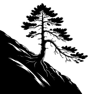 Black and White Silhouette of a Lone Pine Tree Growing on a Rocky Mountain Slope Vector Illustration