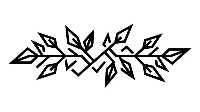 A black and white illustration of crossed swords with a leafy branch design.