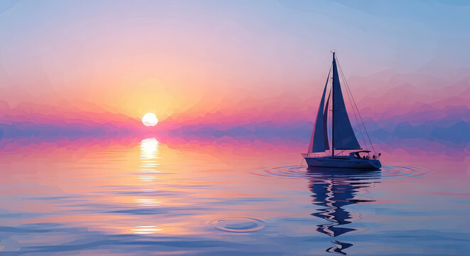 Serene sunset sail with a lone boat on tranquil waters