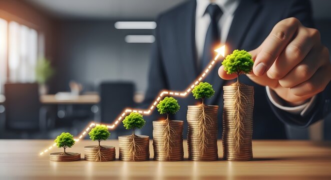 Stacks of gold coins with growing trees and rising line graph. Financial performance and capital growth. Businessman hand reaching toward a bonsai tree on top of a money pile