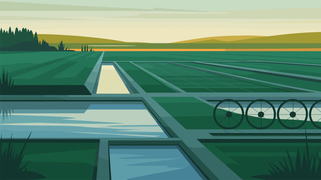 Serene agricultural landscape shows flooded rice paddies or salt pans with large irrigation wheels under a soft sunset sky near distant hills.