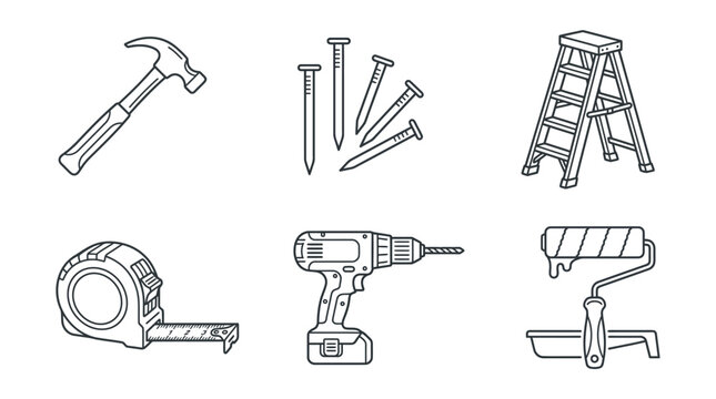 Construction tools icon set with hammer, nails, ladder, tape measure, drill