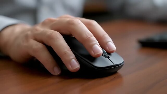 Close-up of a hand using a computer mouse on a wooden desk.