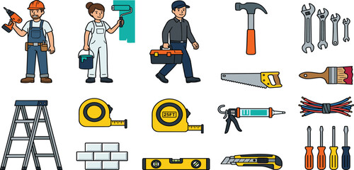 Home Repair and Renovation Vector Set Featuring Handyman Painter Construction Workers Tools Hammer Screwdrivers Drill and Stepladder for Maintenance Designs © Forida