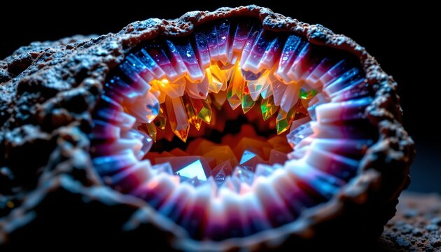 The image features a close up of a geode with a hollow interior lined with vibrant, multicolored crystalline formations