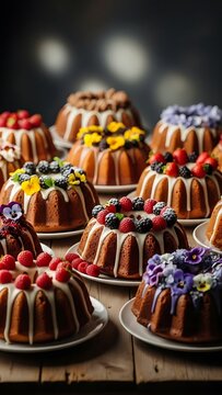 Assortment of Delicious Bundt Cakes Decorated with Fresh Berries and Edible Flowers.
