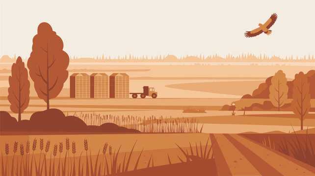 Rural countryside landscape in warm sepia tones shows farm silos a truck and a bird of prey flying over fields of wheat under a soft sky.