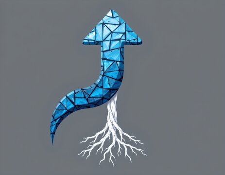 Growing Forward Blue Arrow with Tree Roots Symbolizing Progress