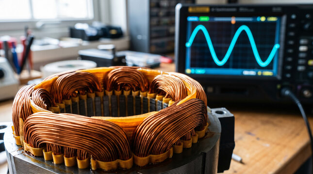 Close-up of copper wire coil on electric motor stator with oscilloscope waveform in workshop