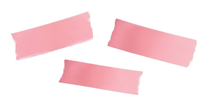 Three rectangular strips of pink adhesive tape with torn, jagged edges isolated on a solid black background, arranged in a scattered pattern