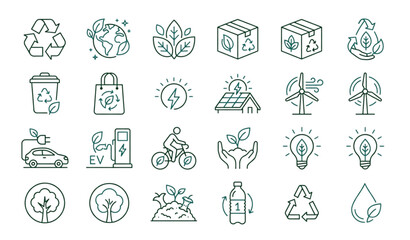 Fototapeta premium Professional eco recycling vector icons with environmental sustainability and renewable energy symbols