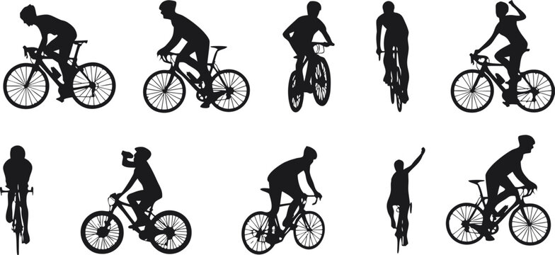 Cyclist silhouette collection featuring bicycle riders in racing and casual poses isolated on white background. Dynamic black biking figures with sporty motion outlines for fitness and outdoor 