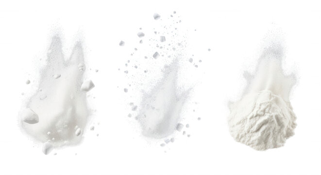 Three separate piles of white flour or powdered sugar splashing and exploding against a solid black background, captured in contrast
